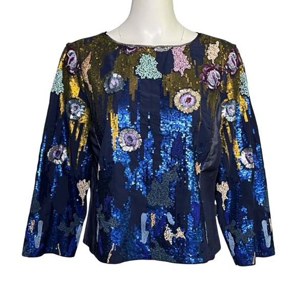 Geisha Designs Anthropologie Size Medium Embroidered Sequin Blue Orla Top - Picture 3 of 10